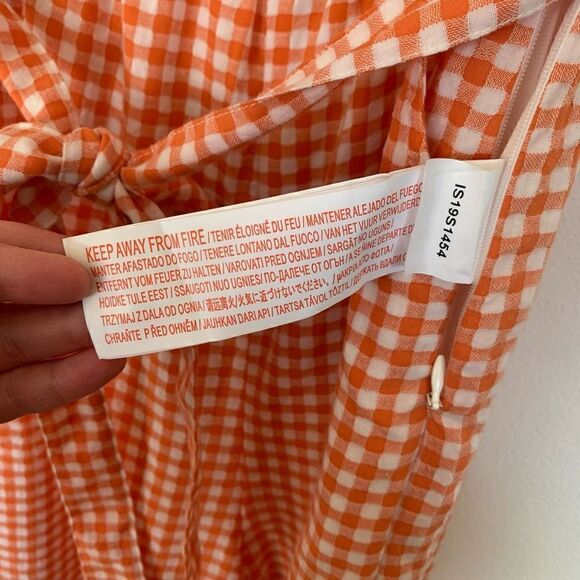MINKPINK orange gingham picnic smocked strapless wide leg jumpsuit - Picture 9 of 11